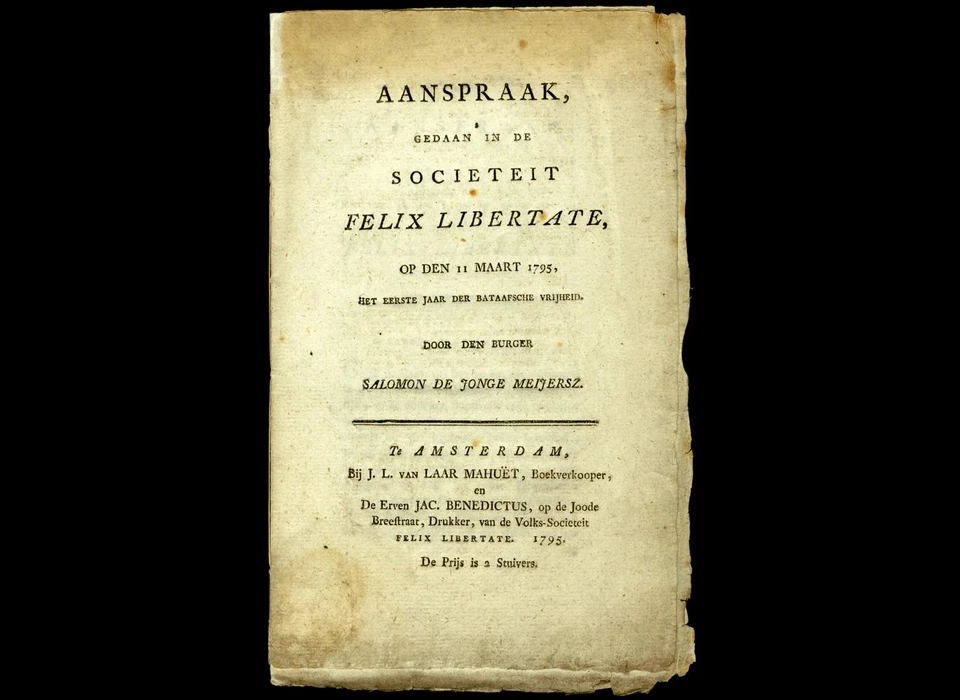 De joodse sociëteit Felix Libertate ontstaan in 1795 met als doel vrijheid, gelijkheid, broederschap voor de joodse Nederlanders