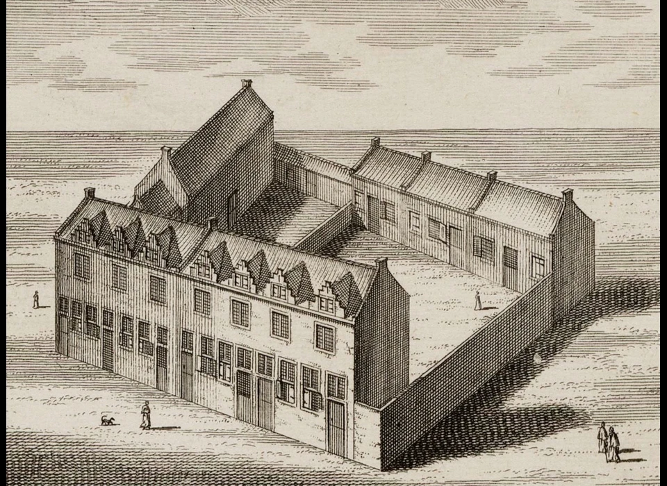 Nes 96-102 Pesthuis 1544 (Nes linksonder) tekening van J.van Septeren (1729)