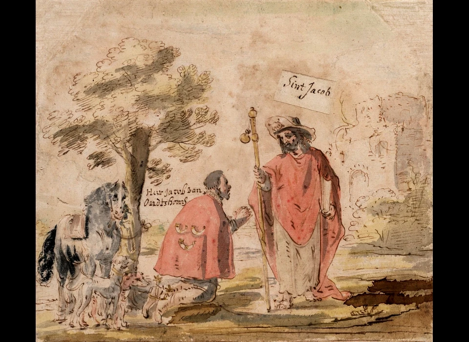 Jacob van Oudtshoorn van zijn paard gestegen, geknield voor Sint Jacob. Deze tekening kwam voor op een raam in een der kloosters in de Nes. Getekend door Jan de Bray.