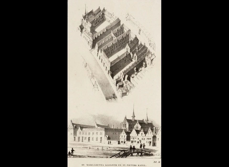 Nes 45-55 Sint Margarethaklooster en Sint Pieterskapel (tekening Johannes ter Hilverdink 1848)