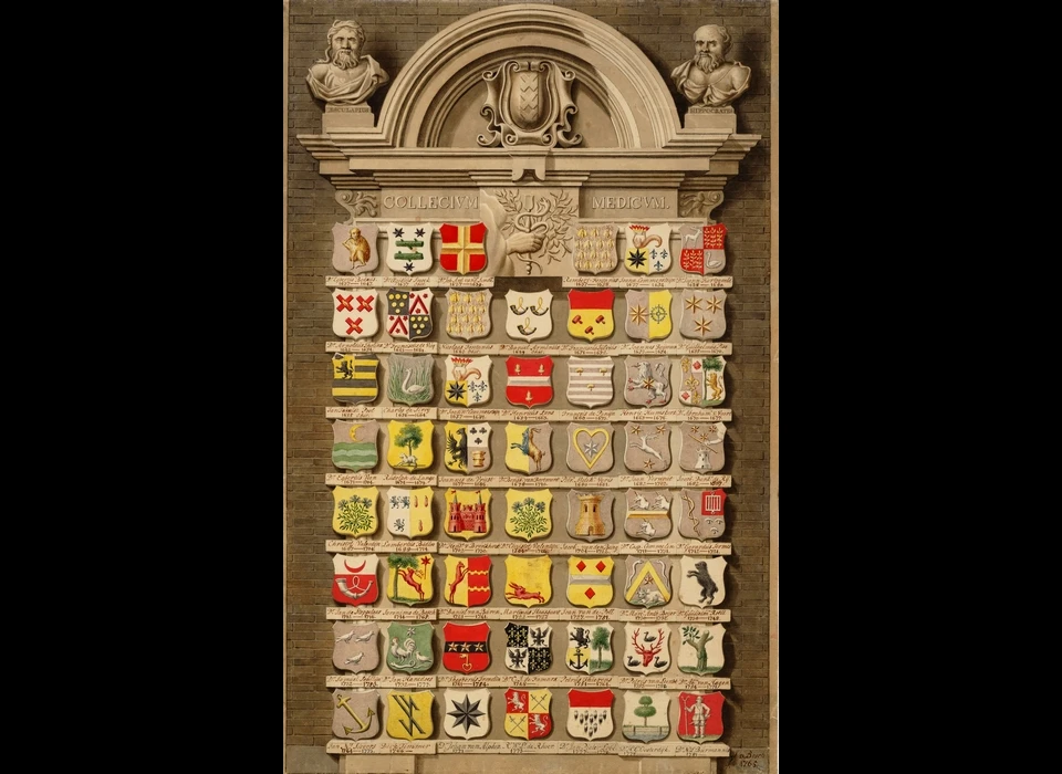 Nes 45 Wapenbord van de leden van het Collegium Medicum (familiewapens van de doktoren) in de Kleine Vleeshal (J.Bosch) (1765)