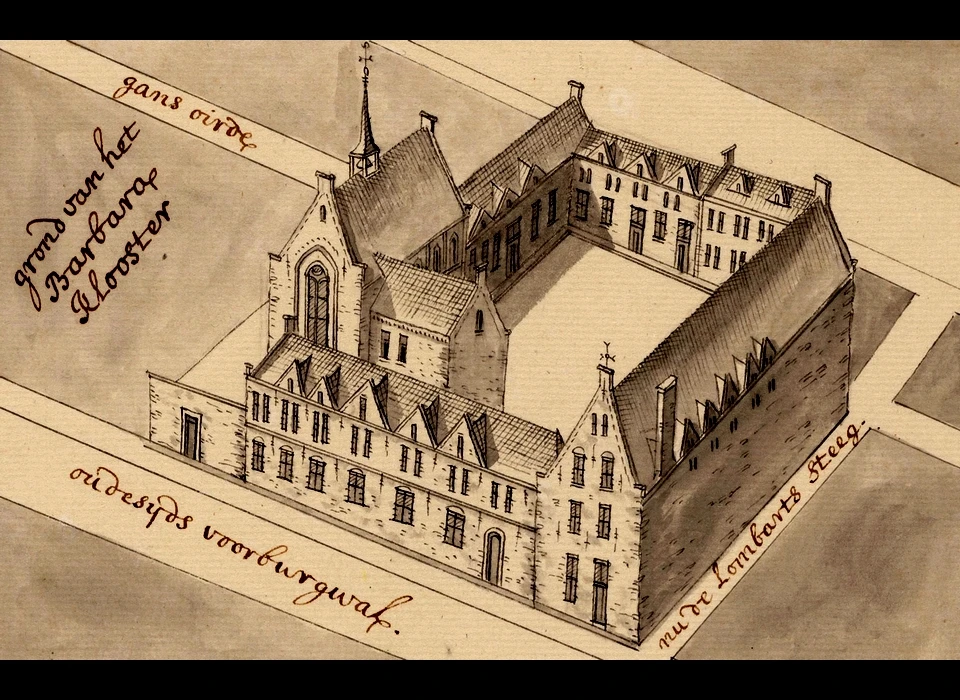 Nes 59-63 Sint Maria-Magdalenaklooster tekening naar situatie in 1544 (ca.1725)