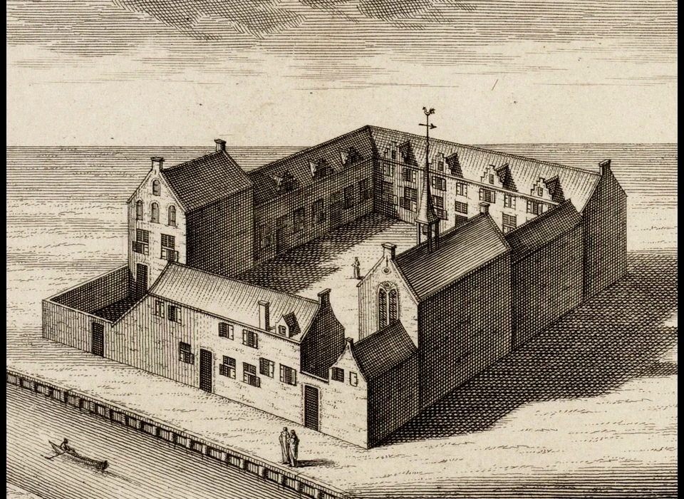 Nes 65-67 Sint Barbaraklooster linksonder Oudezijds Voorburgwal tekening van ca.1729 (1544)