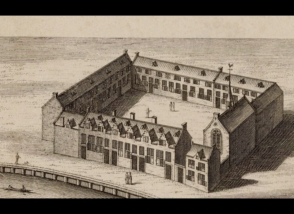 Nes 69-87 Sint Claraklooster 1544 rechtsboven is de Nes op een tekening uit 1729