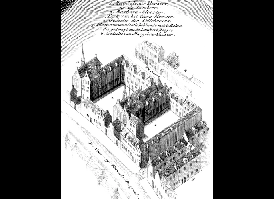 Nes 59-63 Sint Maria-Magdalenaklooster tekening naar 1544 (ca.1729)
