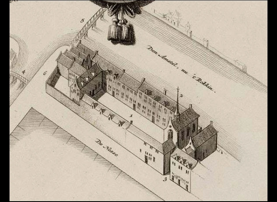 Nes 104-128 1544 Sint Mariaklooster naar tekening van Isaak Tirion (1760)