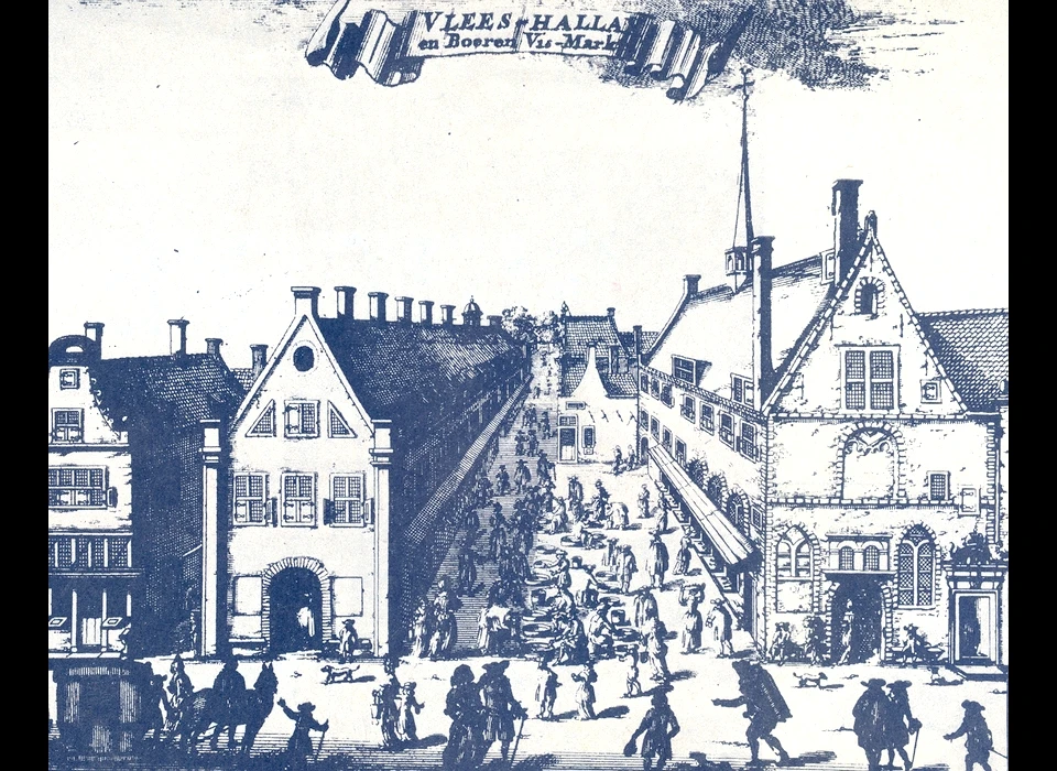 Nes 41-45 van links naar rechts 41 geboortehuis Bredero, 43 Grote Vleeshal, Boerenmarkt, 45 Kleine Vleeshal. (1630)