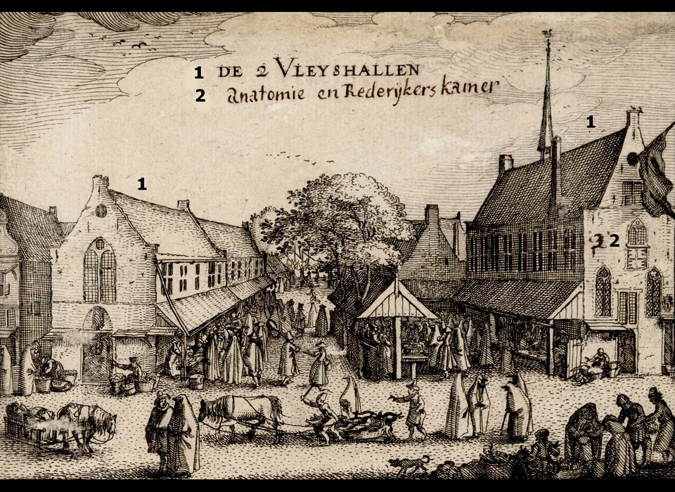 Nes 43-45 1 rechts is Kleine Vleeshal in kapel Sint Margarethaklooster, 1 links is Grote Vleeshal in Sint Pieterskapel, 2 anatomie en rederijkerskamer op eerste verdieping Kleine Vleeshal (1611)