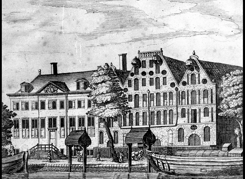 Waterlooplein 211-213 (eerder 69-75) links Oudezijds Huiszittenhuis rechts Arsenaal op voorgrond walwindassen (ca.1700)