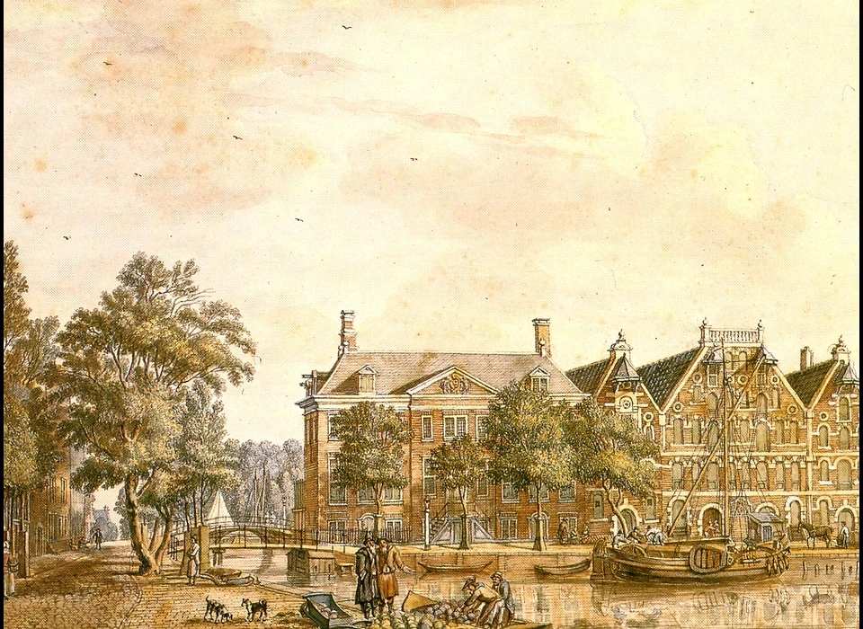 Waterlooplein 211-213 (eerder 69-75) midden Oudezijds Huiszittenhuis nu Academie voor Bouwkunst, rechts Arsenaal (1759)