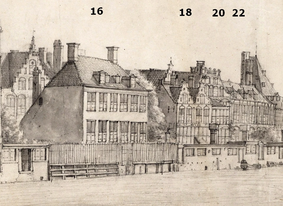 Nieuwe Doelenstraat 16-22 oude bebouwing rechts toren Swijch Utrecht (1640)