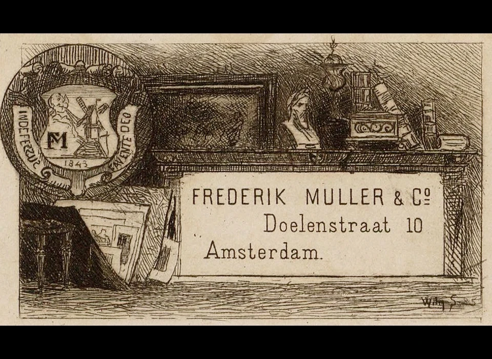 Nieuwe Doelenstraat 10 visitekaart Frederik Muller & Co Kunsthandelaar en veilinghuis (Willem Steelink jr., 1885)