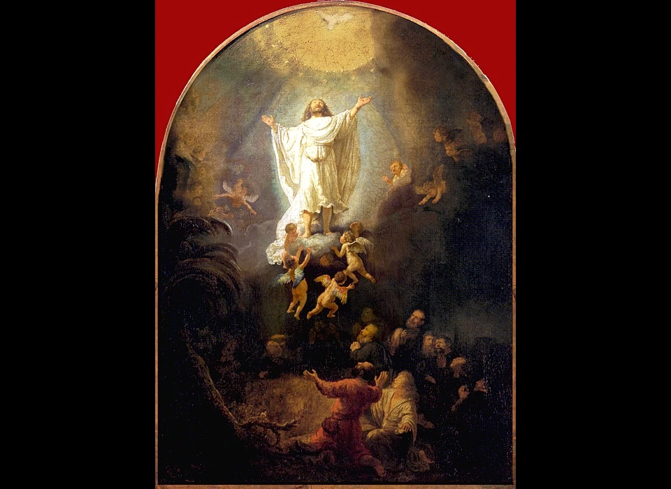 5 van serie van 5 schilderijen voor stadhouder Frederik Hendrik, Hemelvaart. We zien Jezus in een wit gewaad die op een wolk, vastgehouden door cherubijntjes, naar de hemel opstijgt. (Rembrandt van Rijn, 1636)