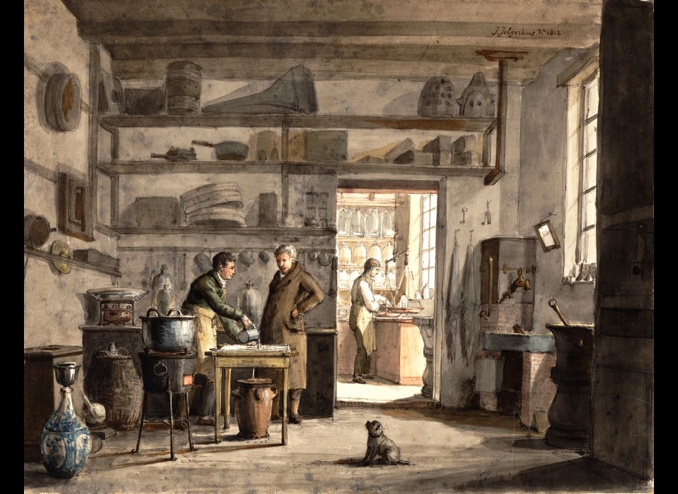 Interieur van het Stoockhuys van de fabriek van chemicaliën voor de pharmacie van Anthony d'Ailly (1766-1825), gezien naar de winkel (Johannes Jelgersma, 1812)