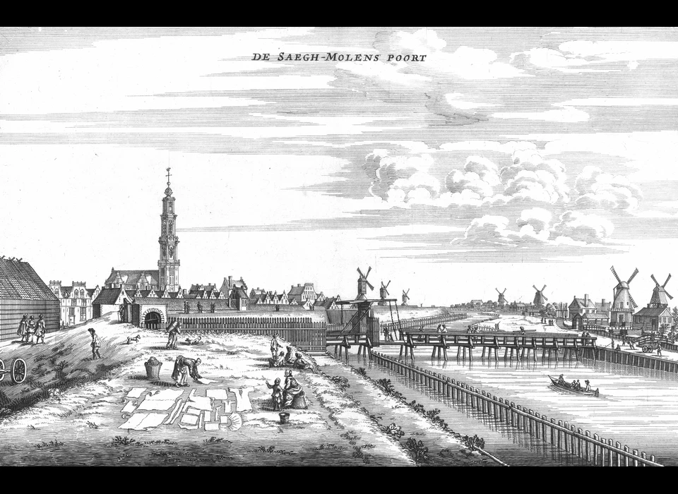 Zaagmolenpoort en Westerkerk van bolwerk Karthuizers naar rechts brug over Buitensingelgracht (Jan Veenhuysen, 1663)