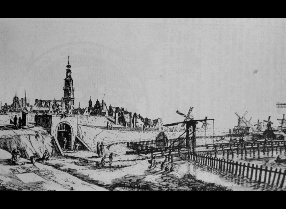 Zaagmolenpoort en Westerkerk vanaf bolwerk Karthuizers (1645)