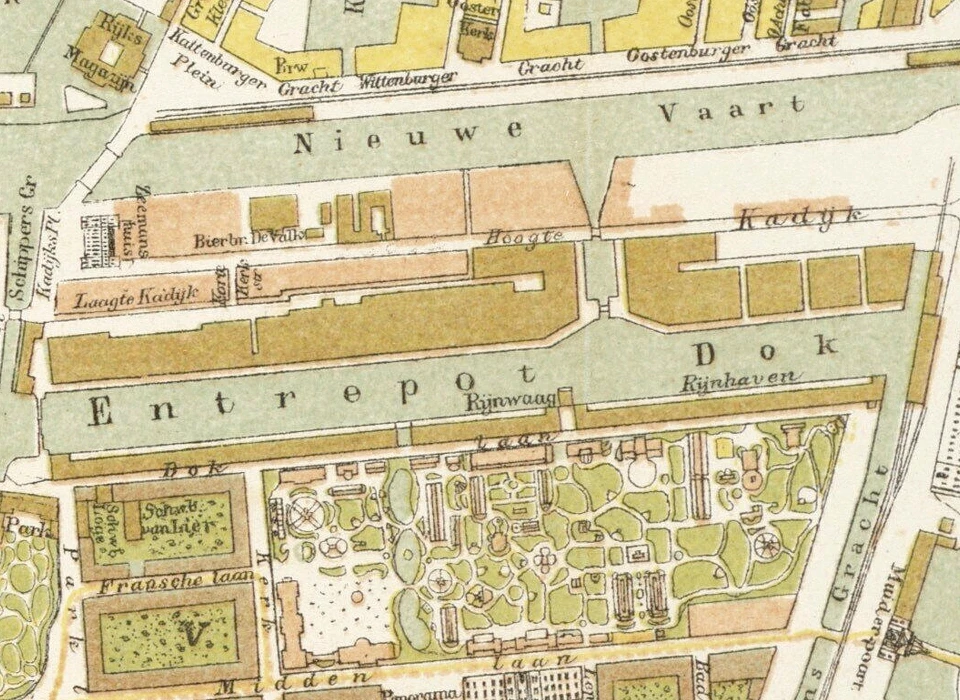 Plantage Doklaan middenrechts Rijnhaven, midden Rijnwaag, links onder midden Logeschouwburg en Schouwburg Van Lier (1880)