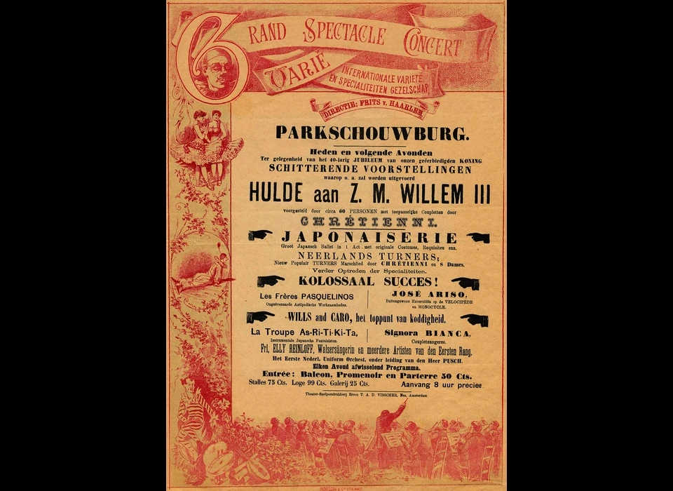 Plantage Doklaan 1-3 Parkschouwburg affiche concert- en variété-avonden ter gelegenheid van het 40-jarig regeringsjubileum van koning Willem III (1888)