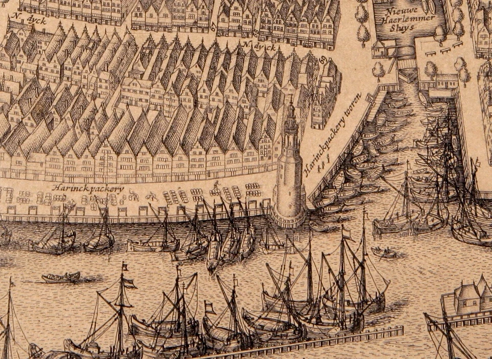 Detail van kaart van Amsterdam met de Haringpakkerstoren (Balthazar Florisz.van Berckenrode, ca.1625)