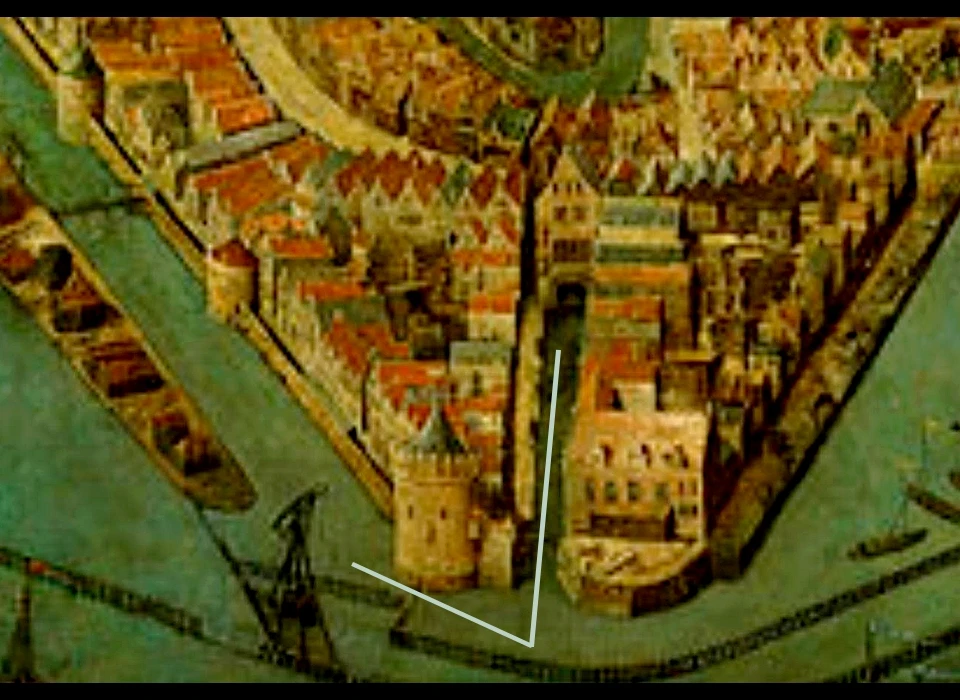 Prins Hendrikkade hoek Oudezijdskolk, een scherpe hoek, een schray houck (Cornelis Anthonisz, 1538)