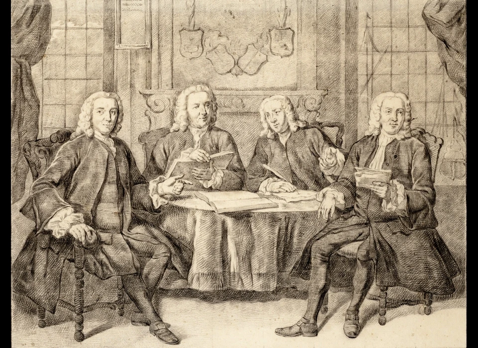 Prins Hendrikkade 94-95 Commissarissen der Walen, v.l.n.r. Johan Agges Scholten, Jacobus du Peijrou Jansz, Carel Lijnslager en Hendrik van Castricum (Jan Maurits Quinkhard (1688-1772), 1768)