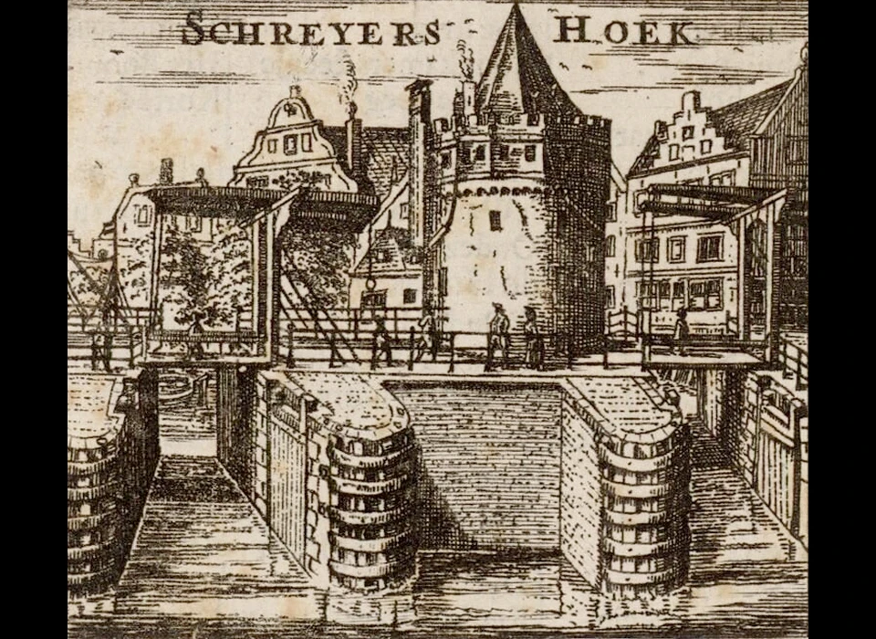 Prins Hendrikkade 94-95 Schreierstoren lage aanbouw is Houttelderskantoor (1683)