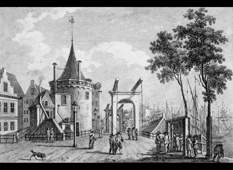 Prins Hendrikkade 94-95 Schreierstoren met wipbruggen over Geldersekade en Oudezijds Kolk (1810)