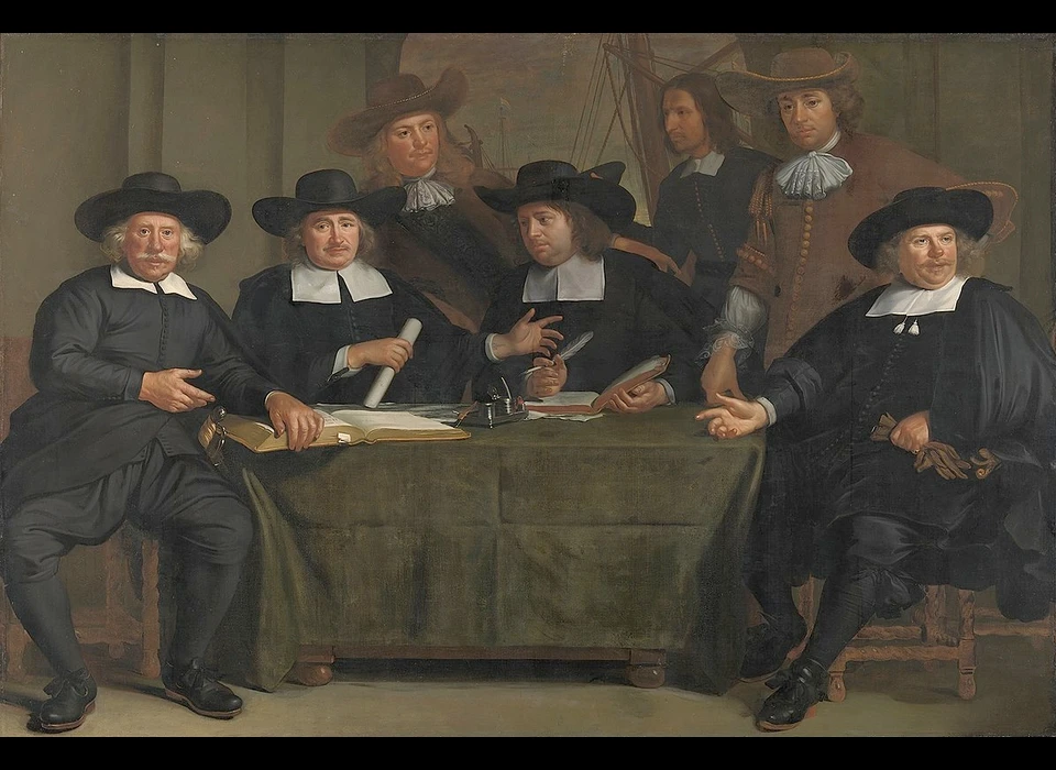 Prins Hendrikkade 94-95 vergadering van Oppercommissarissen der Walen in Schreierstoren. Zij hielden toezicht op de haven in het Damrak en de Walen (toegeschreven aan Adriaen Backer of Wallerant Vaillant, 1674)