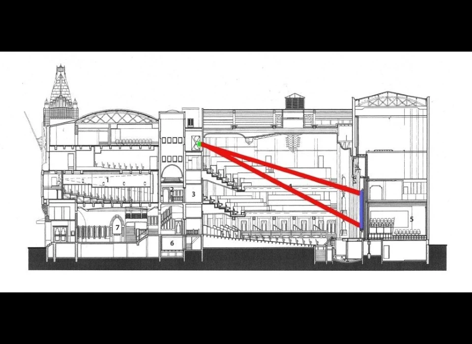 Reguliersbreestraat 26-28 theater Tuschinski ontwerptekening met vergeten filmcabine in timmerwerkplaats (1922)