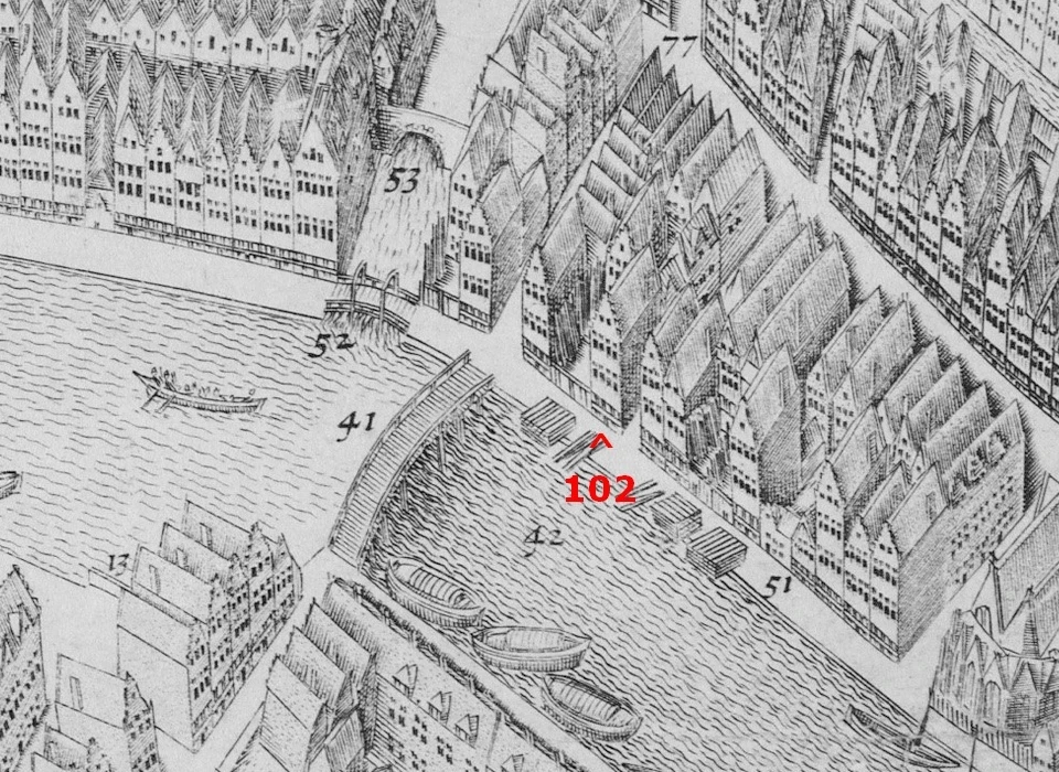 Detail van de plattegrond door Pieter Bast in 1597 met Rokin 102