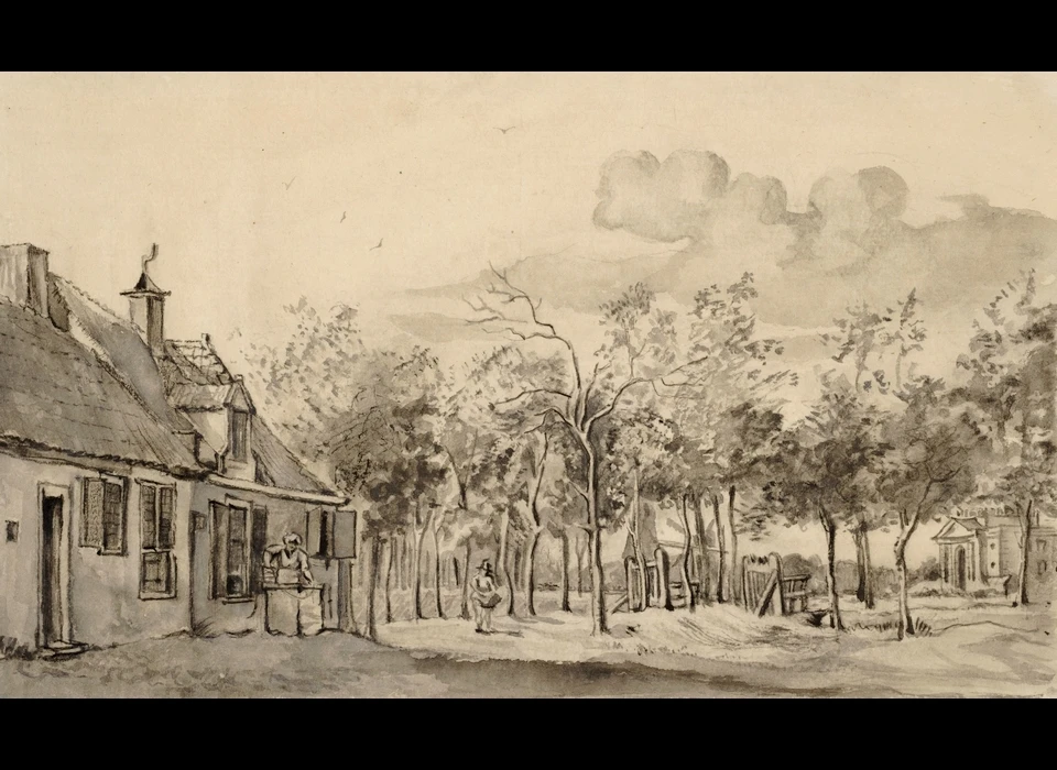 Mauritskade hoek Linnaeusstraat herberg Roomtuintjes rechts Muiderpoort (Gerrit Lamberts, 1817)