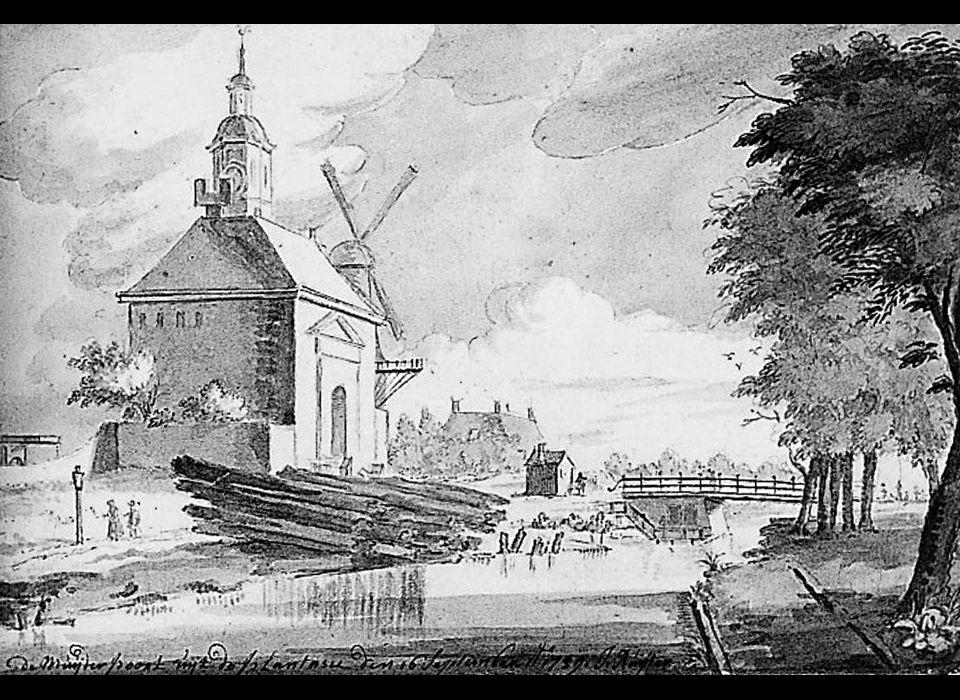 1ste Muiderpoort stadszijde met molen De Hond op bolwerk Muiden (Jan Ruijter, 1739)