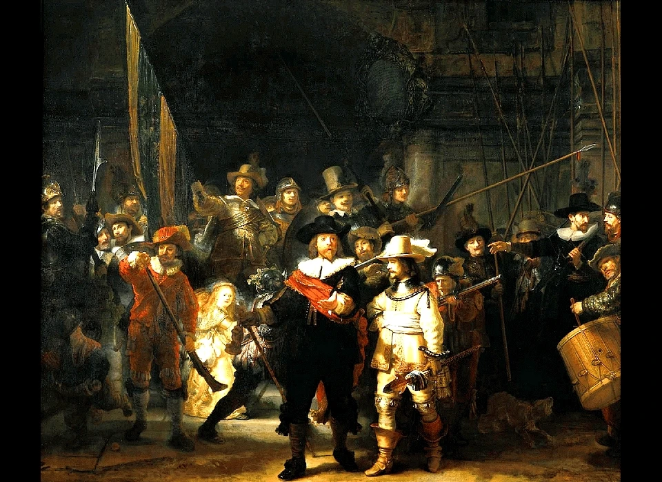 Amsterdam, de Nachtwacht voorgrond links Frans Bannick Cocq rechts Willem van Ruytenburgh (Rembrandt 1642)