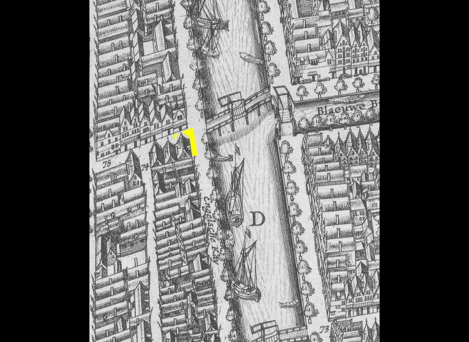 Singel 83-85 op plattegrond van Balthasar Florisz van Berckenrode, vernieuwde bebouwing huis aan Lijnbaanssteeg (1625)