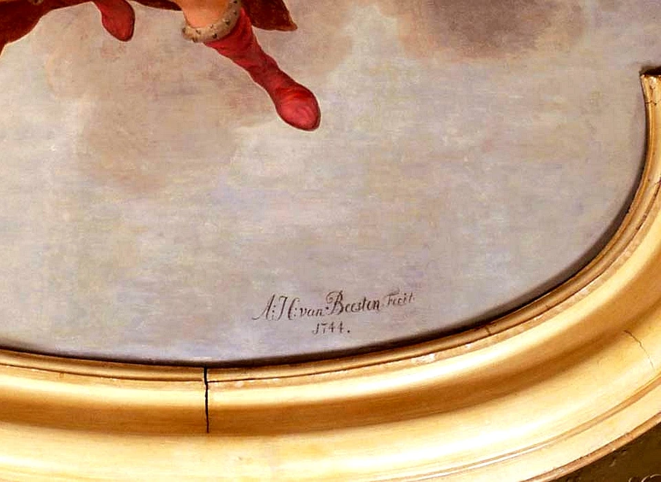 Singel 106 plafondschildering 4 jaargetijden voorkamer, handtekening (Abraham Hendrik van Beesten 1744)