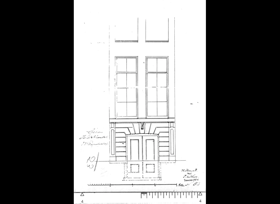 Singel 144, ontwerptekening met aanzicht voor het vernieuwen van de onderpui na het 
					  wegbreken van de hoge stoep en de onderpui te bekleden met natuursteen (1860)