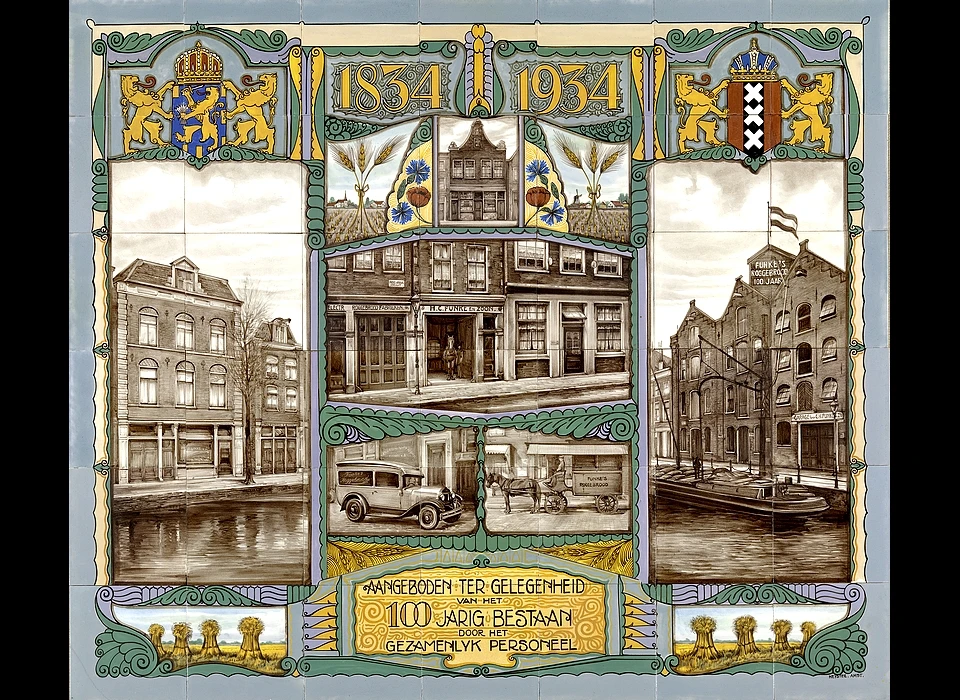Sint Annenstraat 20-24 Funke's roggebroodfabriek tegeltableau 100-jarig bestaan. De panden links en rechts staan aan de 
						Bloemgracht en Lijnbaansgracht (1934)