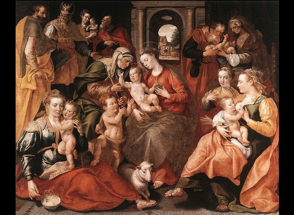 Maria met Jezus op schoot, Anna rechtsachter (Maarten Vos, 1558)