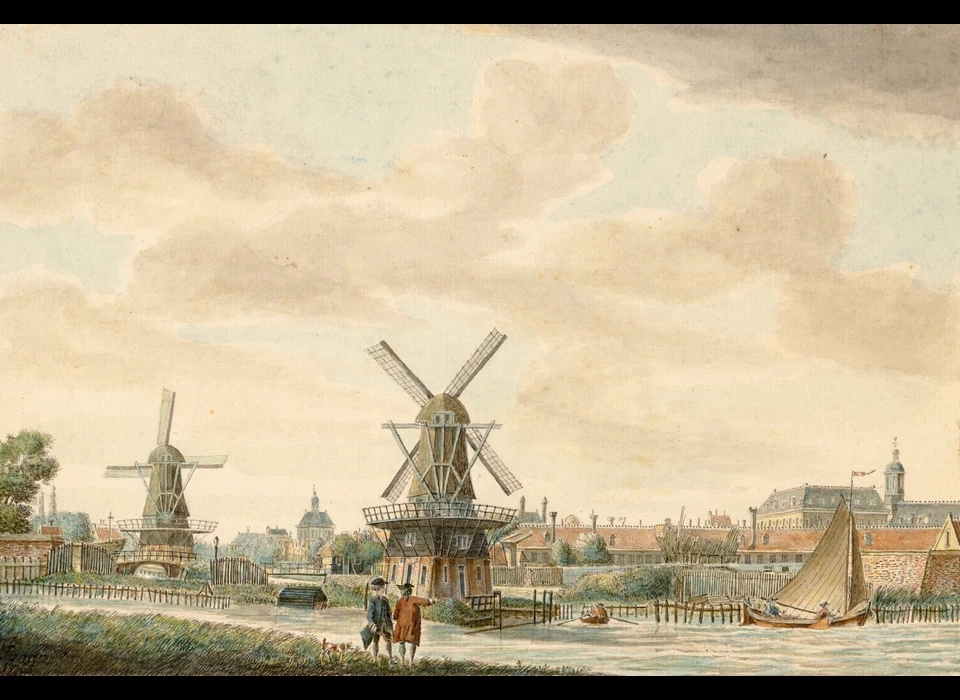 Rechts naast het zeilschip bolwerk Jaap Hannes, midden Stadsvuilwatermolen nu molen De Gooyer (Jan Spaan (-1828), 1765)