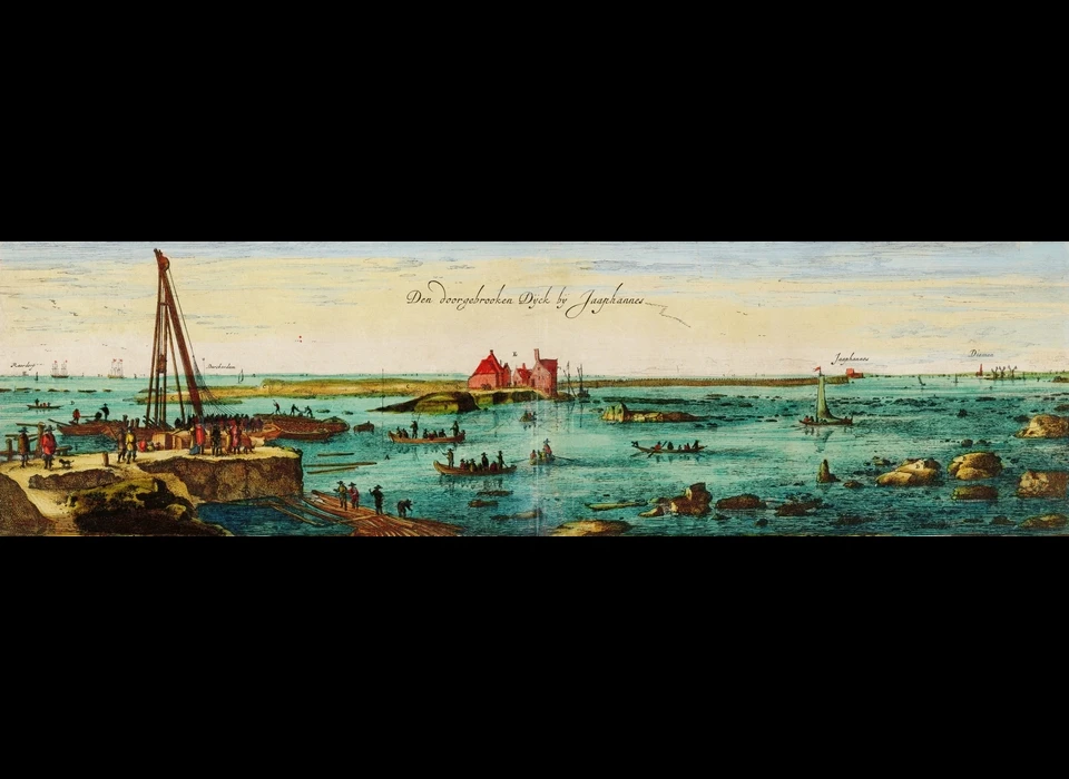 Heien voor herstel van de dijkdoorbraak van de latere Diemerzeedijk naar herberg Jaap Hannes (Roelant Roghman (1627-1692), 1651)