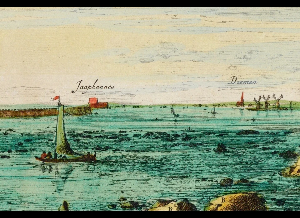 Ligging herberg Jaap Hannes ten opzichte van Diemen na dijkdoorbraak (Roelant Roghman (1627-1692), 1651)