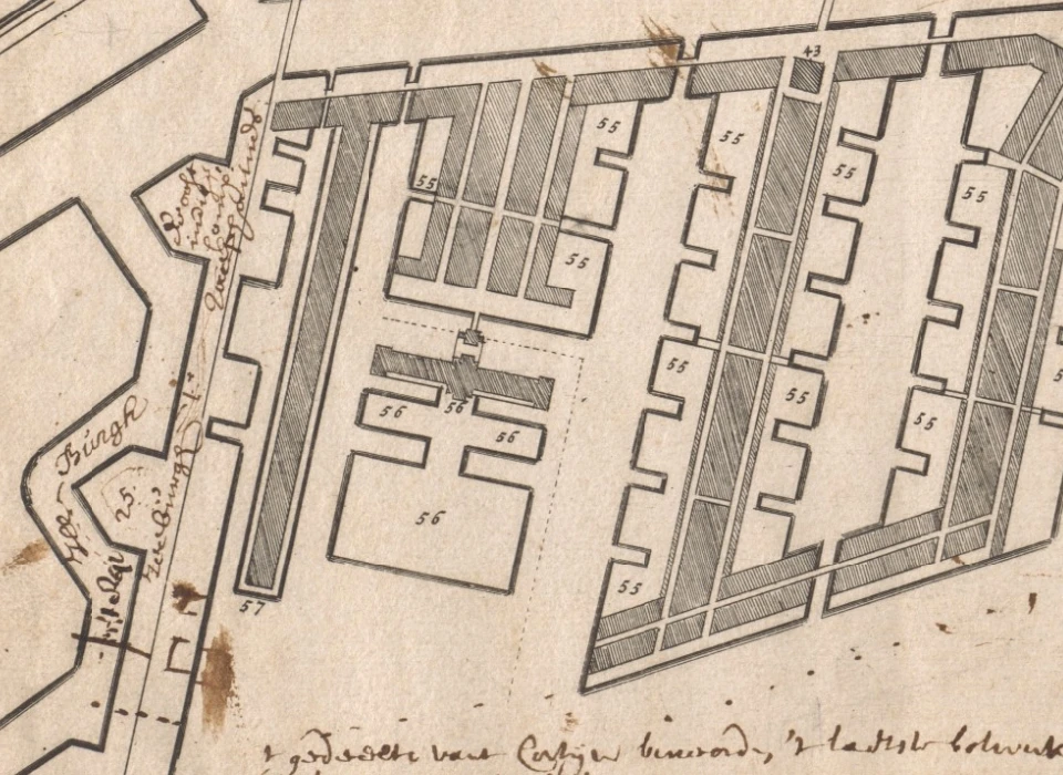 Kaartdetail met links boven bolwerk Jaap Hannes en links onder bolwerk Zeeburg (Daniël Stalpaert (1615-1676), 1672)
