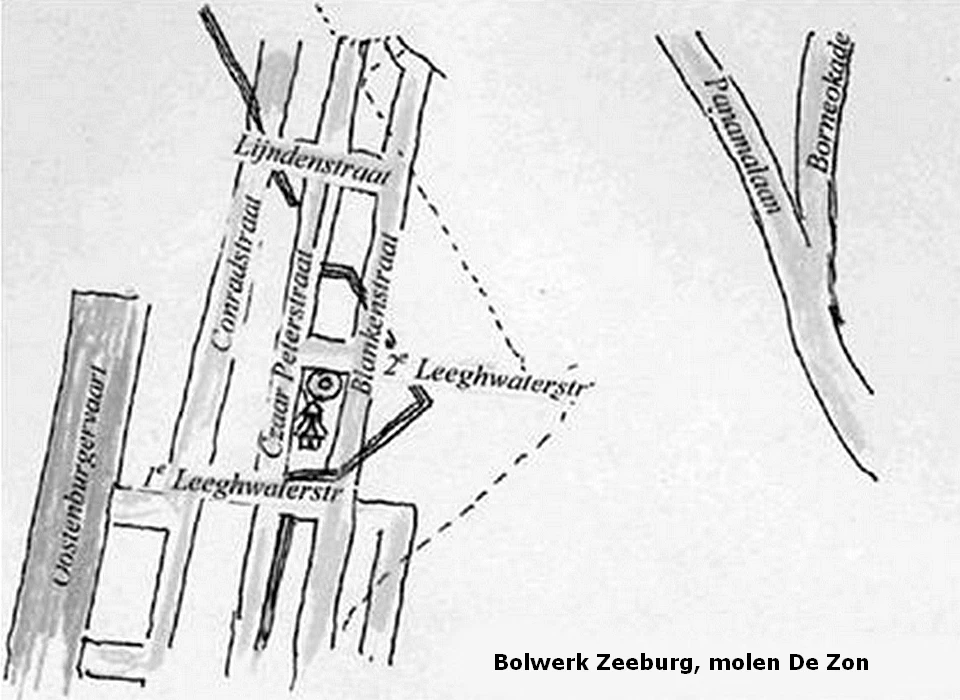 Bolwerk Zeeburg ingetekend op huidige stratenpatroon