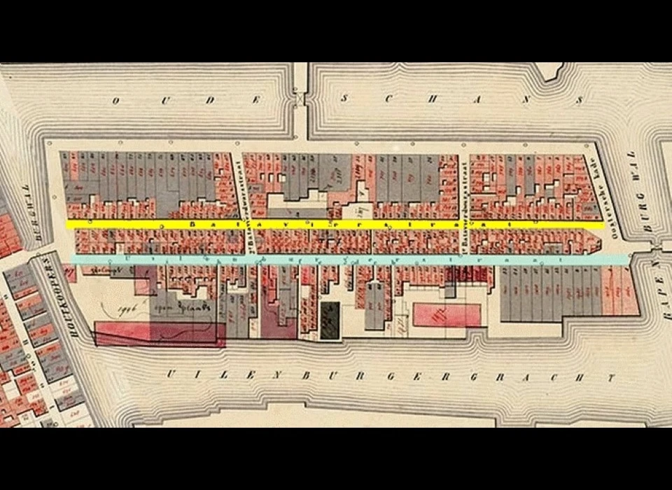 Plattegrond Uilenburg Batavierstraat (geel) en Uilenburgerstraat (blauw) (1881)