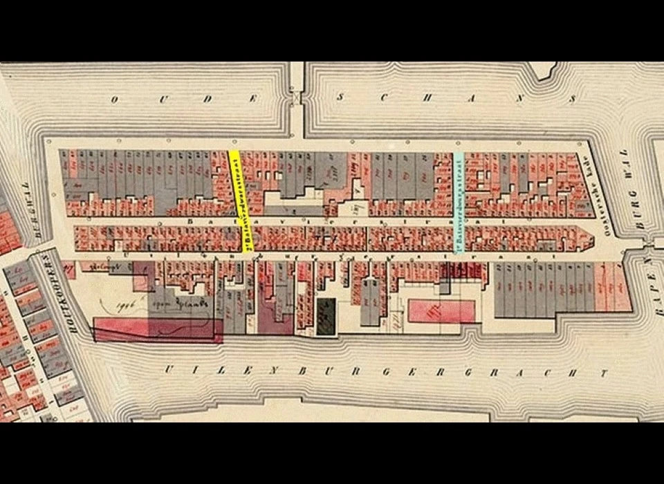 Plattegrond Uilenburg Eerste (blauw) en Tweede (geel) Batavierdwarsstraat (1881)