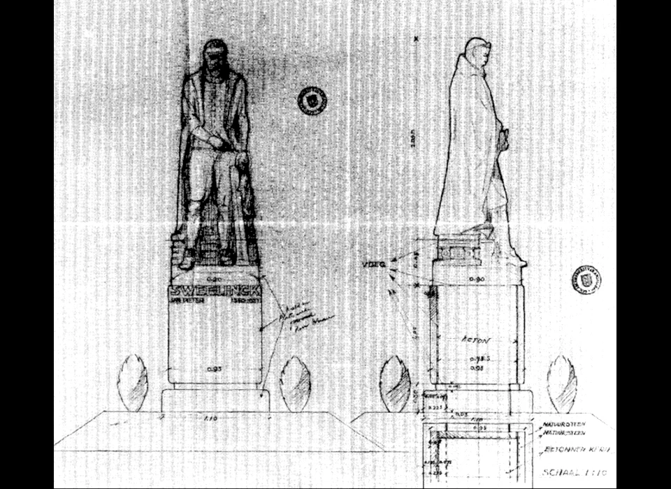 Valeriusplein ontwerptekening standbeeld Jan Pietersz Sweelinck door Frans Werner (1943)
