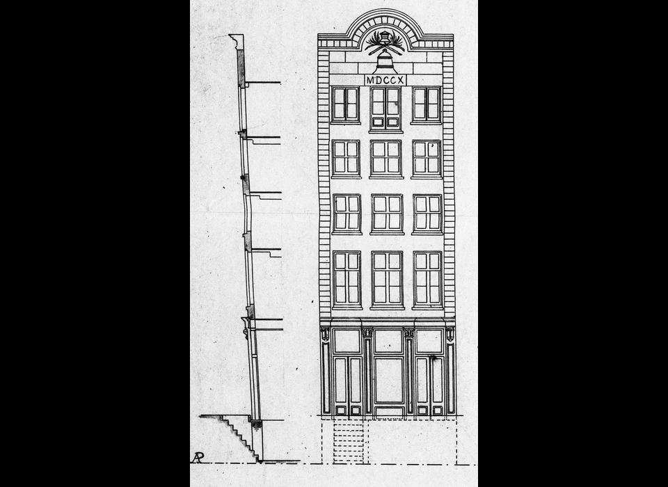 Warmoesstraat 147 te vervangen gevel. Op de tekening is te zien dat de voorgevel voorover, op vlucht, is gebouwd. Abraham Salm (1870)