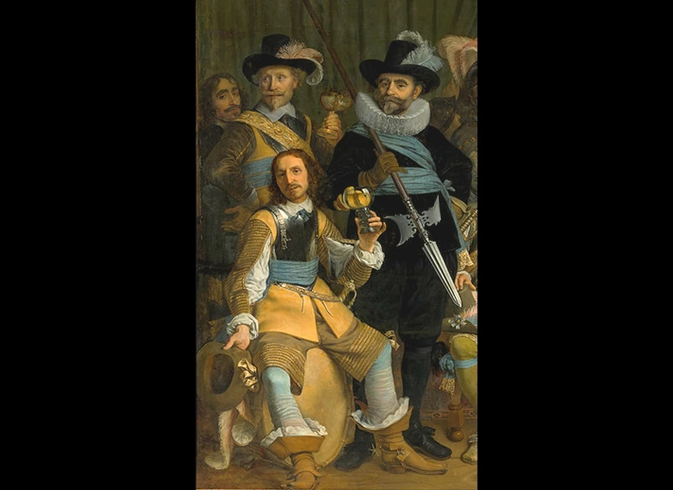 Detail met Jan Meur(e)s (uiterst links) bij de Schuttersmaaltijd met kolonel Jan van de Poll en kapitein Gijsbert van de Poll (1650)