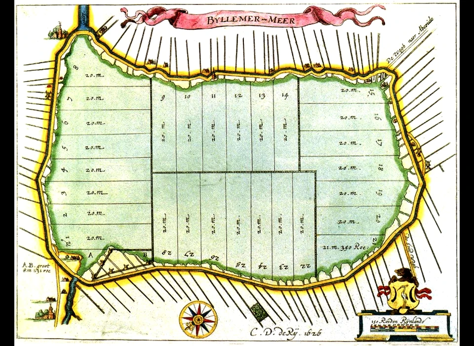 Kaart van de Bijlmermeer (C.D.de Rij, 1626) rechtsboven is de weg naar Abcoude aangegeven, linksboven de weg 
					  naar Driemond. Tussen deze wegen ligt nu de ondertunnelde A9. De weg linksonder gaat naar Diemen en rechtsonder naar Duivendrecht.