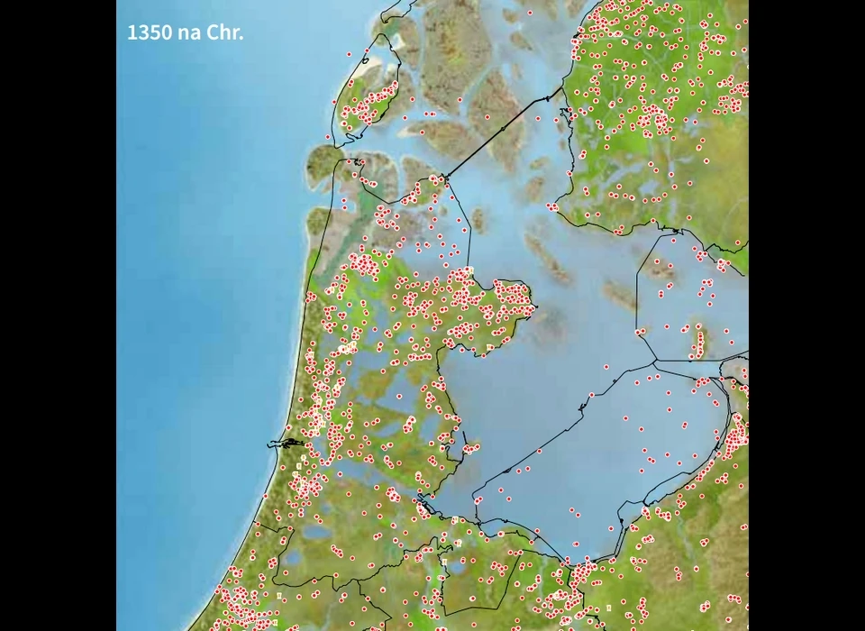 Noordwest Nederland omstreeks 1350 huidige contouren Noord-Holland ingetekend. Het Oer-IJ eindigt nu in de Wijkermeer.
